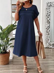EMERY ROSE 1 pièce Robe pull ample d'été avec encolure ronde, épaules tombantes, contraste de dentelle, grande taille