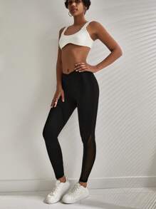 RueChic Contrast Mesh V-Cut Waist Leggings - Black - View 5
