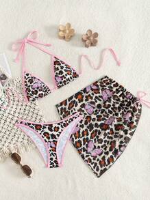 Swim SXY Women 3pcs/Set Leopard Pattern Bikini Swimwear With Drawstring Floral Print Cover Up Skirt