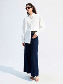 LYSMO 1pc Women Solid Long Sleeve Blouse, Fashionable For Summer - White - View 6