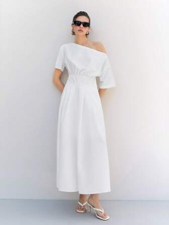 LYSMO Vestido camisa de mujer con cuello oblicuo, volante y bajo acampanado para primavera/verano 2025, vestido casual de vacaciones, de moda y minimalista