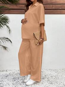 SHEIN 2pcs Maternity Solid Color Half Sleeve Shirt & Adjustable Waist Pants Casual Set - Khaki - View 4