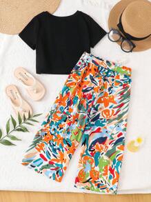 SHEIN Young Girl Solid Tee & Print Belted Wide Leg Pants Leopard Print Pantscheetah Print Pantscasual Two Pieces Set - Green - View 2