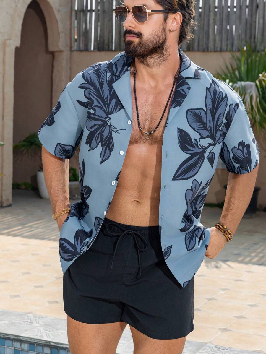 Horizaway 男士花卉印花短袖衬衫和短裤沙滩装男士泳裤，夏威夷风