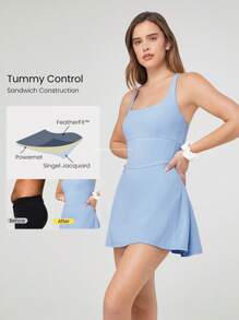 GLOWMODE Quick-Dry Sweat-Wicking Built-In Cups Square-Neck Dress With Built-In Shorts Side Pockets Non-Slip Grips Tennis Golf Gym Daily Casual - Baby Blue - View 3
