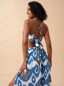 Travachic Women Halter Criss-Cross Bowknot Back Top And Loose Floral Printed Skirt Vintage 2 Pieces Set, Vacation - Blue - View 5