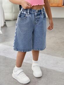 SHEIN Courts en jean bleus amples avec broderie de nœud rose pour jeune fille, style Y2K 2025, Pâques neuf