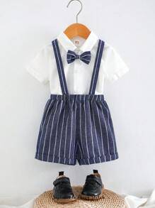 Cozy Pixies 2pcs Baby Boy Outfits: Bowknot Collar Short Sleeve Shirt And Elastic Waist Shorts Suit Set