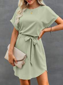 SHEIN Clasi Đầm xòe tay ngắn cổ tròn cánh dơi màu trơn cho nữ - Màu xanh Bạc hà - Xem 4