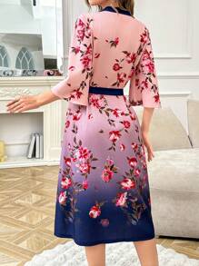 SHEIN Elegant Ombre Floral Print Japanese-Style Kimono Robe - Multicolor - View 2