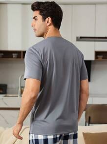 Manfinity Underwear&Sleepwear Basics Parte superior de pijama de cuello redondo con estampado de letra para hombres, conjunto de ropa de casa de verano