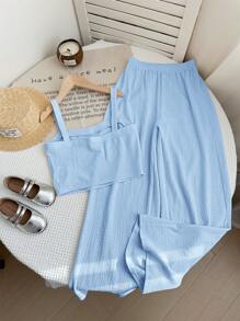 LMoss Kids LMoss 2pcs/Set Tween Girl Woven Solid Color Camisole And Wide Leg Pants - Baby Blue - View 2