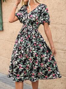 SHEIN Clasi Women's Floral Print Short Sleeve Romantic Casual Midi Dress, For Vacation And Easter Season - Black - View 6