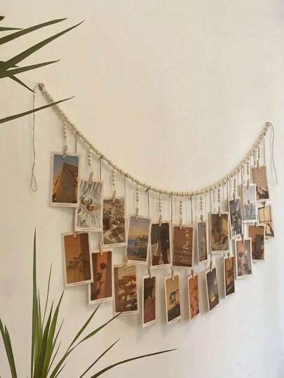 1pc Hanging Photo Frame With 18 Clips, Boho Wood Bead Decor Hanging Frame Clip For Dorm, Classroom, Bedroom, Home Room Office Decoration, For Christmas Valentine's Day New Year Decor, 110cm/43.3in