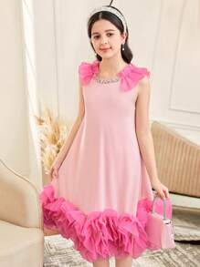 SHEIN Tween Girls' 3D Flower Patchwork Hem & Back Bow Sleeveless Elegant Dress - Baby Pink - View 4