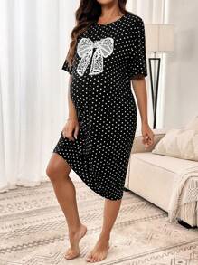 SHEIN Black And White Polka Dot Maternity Midi Dress With Lace Bow Detail And Short Sleeves - Black and White - View 3