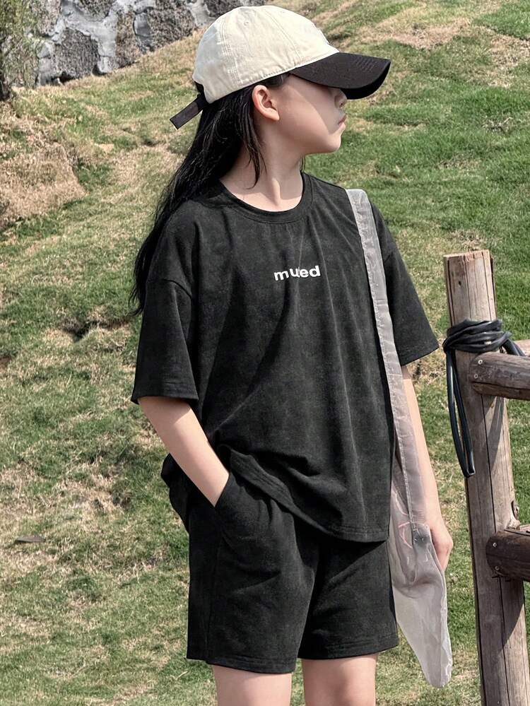 2pcs/Set Tween Girls Summer Crew Neck Letter Print Short Sleeve T-Shirt And Shorts Set,Back To School Clothes