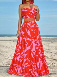 BamGleam Ruched Side Twist Bandeau Top And Split Thigh Ruffle Hem Skirt Set - Red - View 6