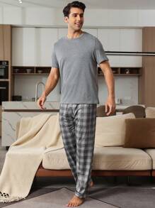 Herren 2 Stücke Set: einfarbiger Kurzarm-Rundhals-Top und karierte Hose als Schlafanzug für Zuhause
