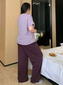 Dazy Plus Plus Size Women Solid Color Round Neck Loose Short Sleeve Top & Pants Pajama Set, Loungewear For All Seasons, Purple Pajama, Outfits - Purple - View 2