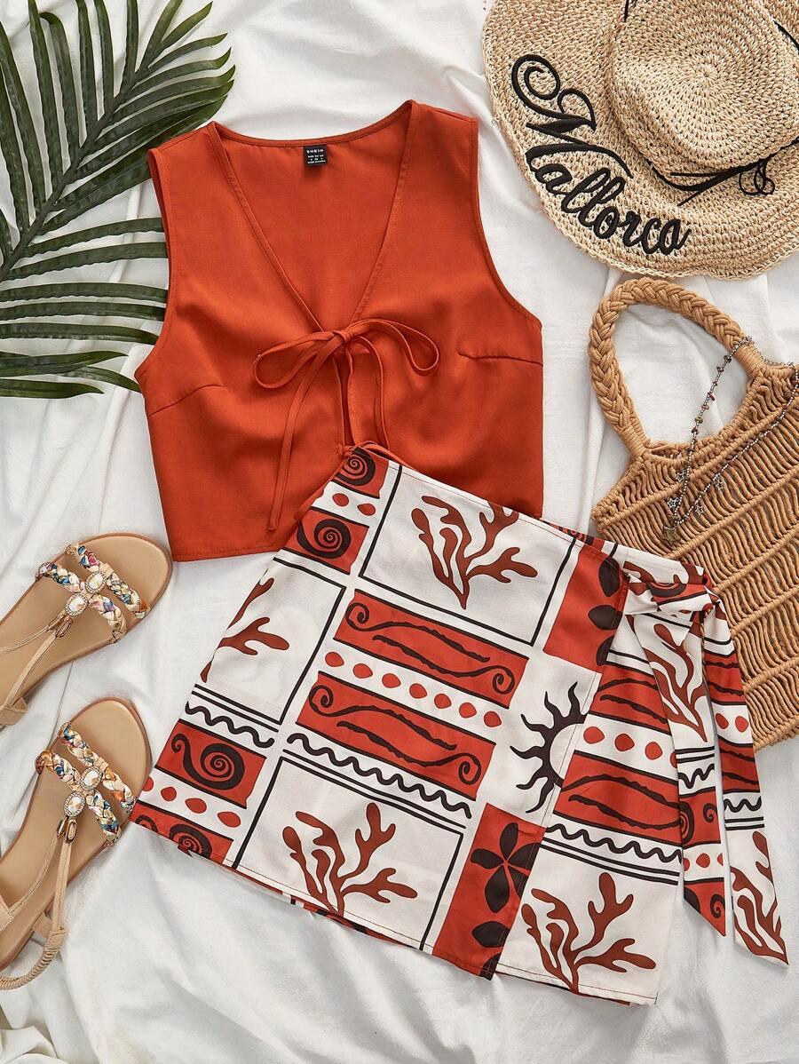Travachic 2 件套：纯色无袖短款背心和高腰印花梭织迷你裙（女士）、图案印花夏季女装、女士度假装、波西米亚风时尚装、女士沙滩装、休闲女士飘逸波西米亚风女装、女士热带装、毕业装、夏季太阳裙、母亲节、母女装、毕业装、夏季太阳裙、母亲节海岛度假装 - 彩色 - 查看 1