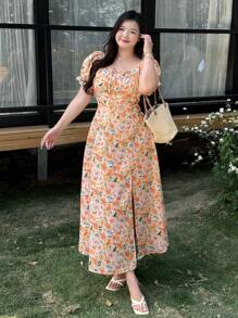 Dazy Plus All Over Floral Print Square Neck Cinched Waist Puff Sleeve Maxi Vacation Dress - Orange - View 4