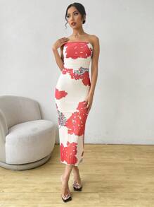 Elenzga Váy lưới xếp nếp in hoa thanh lịch - Đỏ - Xem 6