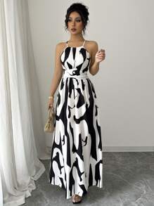 Elenzga Vestido de línea A con estampado gráfico en blanco y negro, con hombros abiertos, nudo retorcido y escote de halter, elegante para primavera/verano de las mujeres