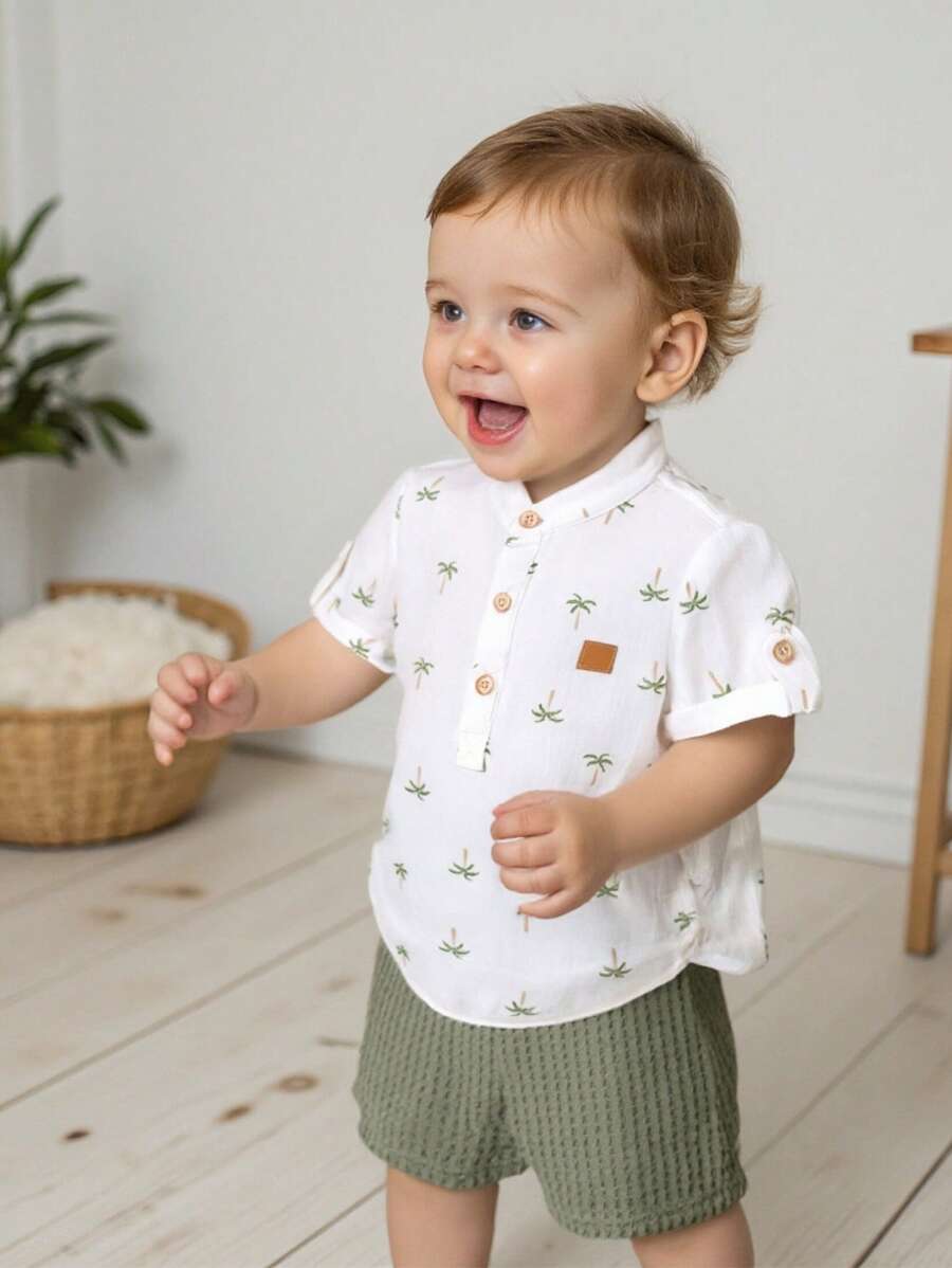 Cozy Pixies 2pcs Baby Boy Cartoon Coconut Tree Pattern Stand Collar Short Sleeve Snap Front Top & Solid Color Elastic Waist Shorts Set - Multicolor - View 1