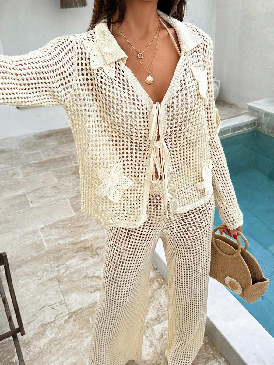 EURMUSE 女士夏季钩针海滩度假春季度假装波西米亚风纯棉白色派对太阳裙套装女式两件套沙滩装 - 米色 - 查看 1