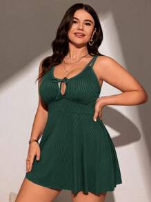 Swim Lushoire 大码女式夏季纯色前系带细肩带比基尼沙滩裙配短裤套装 - 墨綠色 - 查看 3