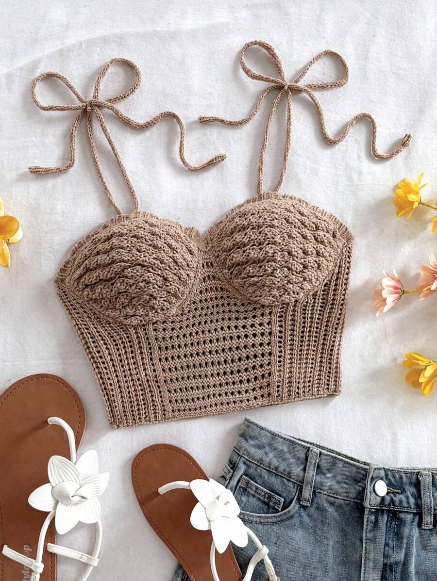 Soleia Top de punto minimalista y liso para mujer, adecuado para uso diario, vacaciones en la playa, primavera y verano, apto para otoño/invierno - Caqui - Ver 1