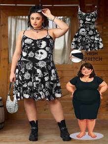 SHEIN CURVE+ Casual Minimalist Skeleton Print Sleeveless A-Line Hem Summer Mini Dress, Black & White Skeleton Graphic Music Festival Dress - Black and White - View 10