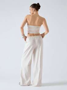 LYSMO 2pcs Women Summer Casual Solid Color Ruched Bustier Top And Wide Leg Pants Set - Beige - View 2