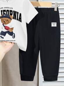 SHEIN 2pcs/Set Young Boy Casual Minimalist Cartoon Bear Pattern Round Neck Short Sleeve Top And Long Pants Set - Multicolor - View 4