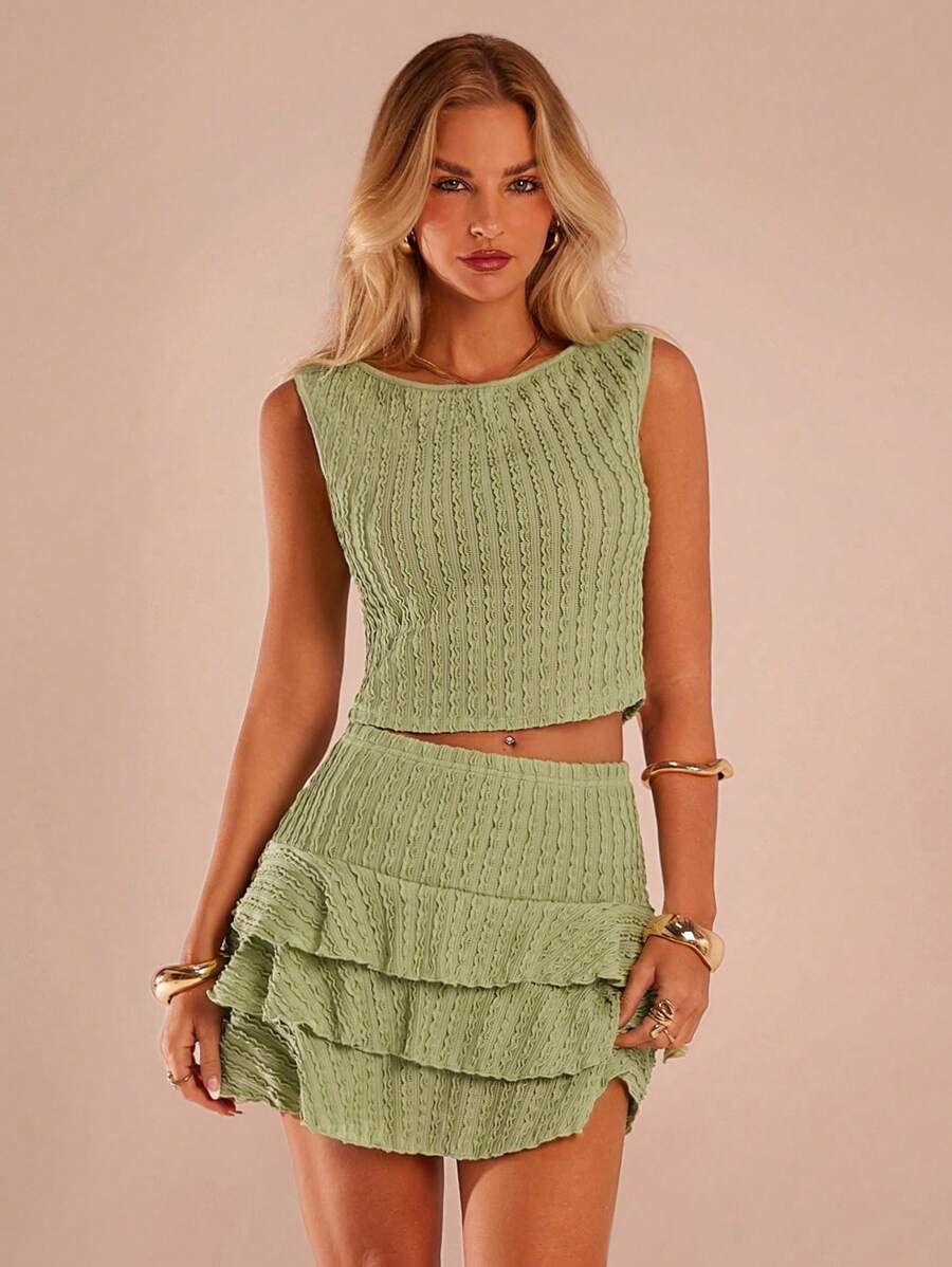 SHEIN Forever 21 女士纯色无袖针织背心和裙子两件套，简约时尚 - 綠色 - 查看 1