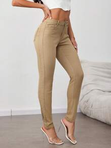 SHEIN Tall 女士休闲弹力紧身牛仔裤，卡其色牛仔裤女士牛仔裤紧身牛仔裤女士裤子夏季音乐会高腰女士筒腿牛仔裤 - 卡其色 - 查看 4