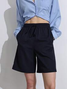 SHEIN ChicEase Damen Lässig Shorts mit Spitzendetails, elastischem Bund, gerade geschnittene Bermuda Shorts, Kordelzug, bequeme sportliche Alltagsshorts - marineblau - Übersicht 4