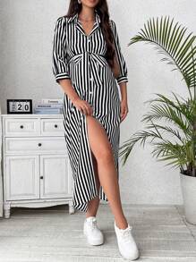 SHEIN Váy sơ mi dài tay in họa tiết sọc tự buộc cho bà bầu - màu đen - Xem 5