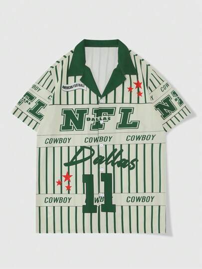 Men's Summer Baseball Casual Striped Letter Print Shirt