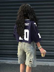 SHEIN EZwear Camiseta de verano casual de satén azul marino y panel de malla con estampado gráfico