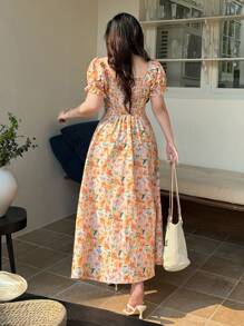 Dazy Plus All Over Floral Print Square Neck Cinched Waist Puff Sleeve Maxi Vacation Dress - Orange - View 2