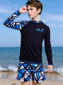 SHEIN Teen Boys Fashion Print Rash Guard, Long Sleeve Surfing Swimsuit