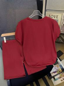 EMERY ROSE Plus Size Leisure & Holiday Letter & Leopard Print T-Shirt And Beach Shorts 2pcs Set - Burgundy - View 2