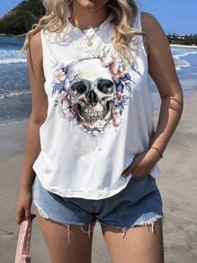 EMERY ROSE Plus Size Women Summer Casual Minimalist Skull & Floral Print Round Neck Tank Top - White - View 1