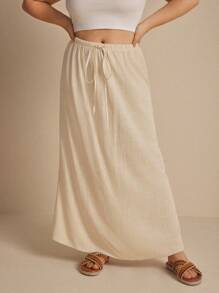 Elaquor Plus Size Fall Women Clothes,Women Solid Color Simple Drawstring Waist Skirt - Khaki - View 7