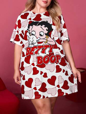 Betty Boop x SHEIN 大码爱心卡通图案圆领短袖睡裙T恤连衣裙夏季可爱睡衣