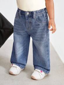 SHEIN Pantalones largos de mezclilla de estilo minimalista para bebé niña, adecuado para el verano - Azul lavado medio - Ver 6