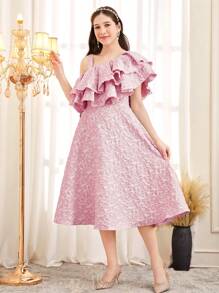 SHEIN Teen Girls Elegant Ruffled Asymmetrical Midi Dress - Pink - View 3