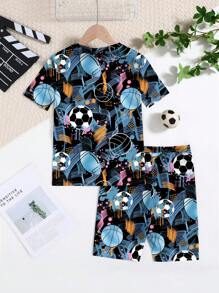 SHEIN Leap Crew Tween Boy Casual Minimalist Football Pattern Snug Fit Short Sleeve Shorts Pajama Set, Comfortable For Spring And Summer - Multicolor - View 2